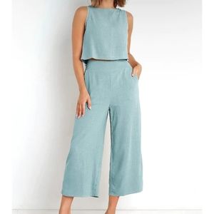 2 Piece Outfits Sleeveless Tank Crop Button Back Top Cropped Wide Leg Pants Set